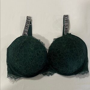 Victoria's Secret Dark Green Lace Push-Up Bra with Rhinestone Straps